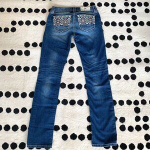 Miss Me Straight Embroidered Rhinestone Embellished Denim Low Rise Jeans